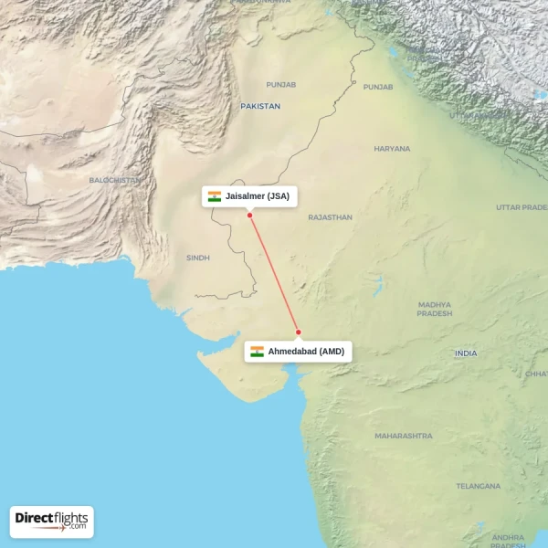 Jaisalmer - Ahmedabad direct flight map