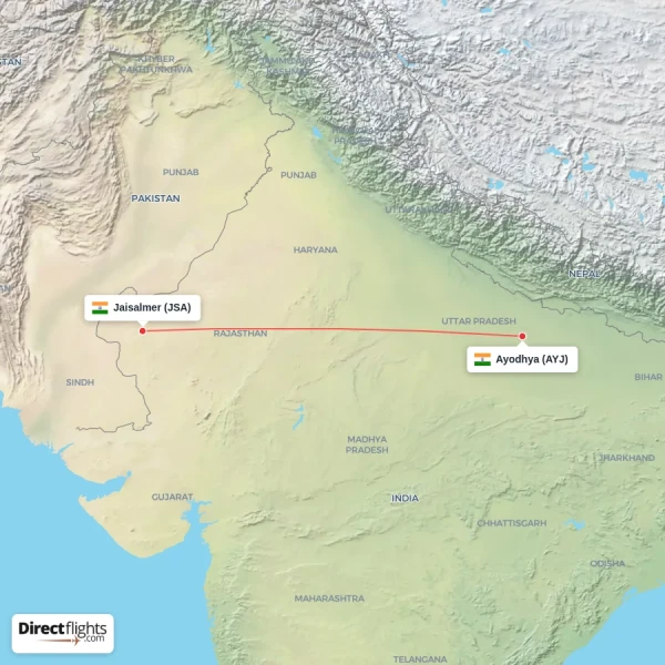 Jaisalmer - Ayodhya direct flight map