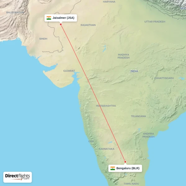 Jaisalmer - Bengaluru direct flight map