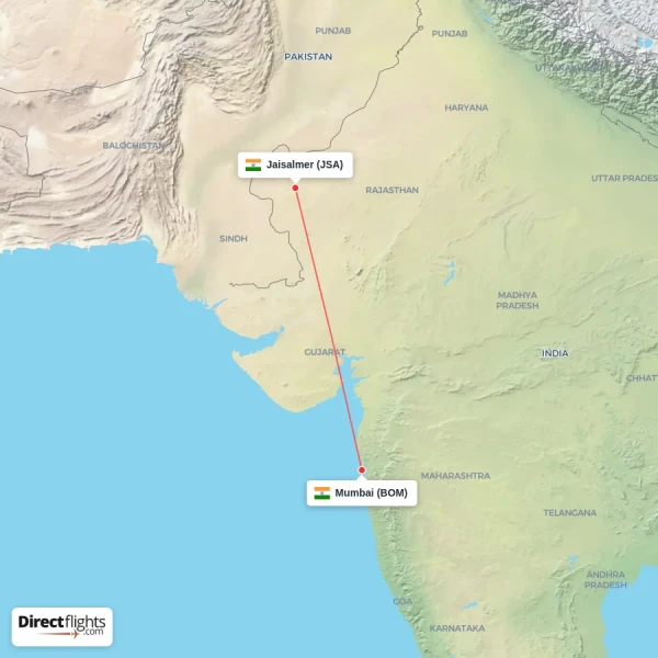 Jaisalmer - Mumbai direct flight map