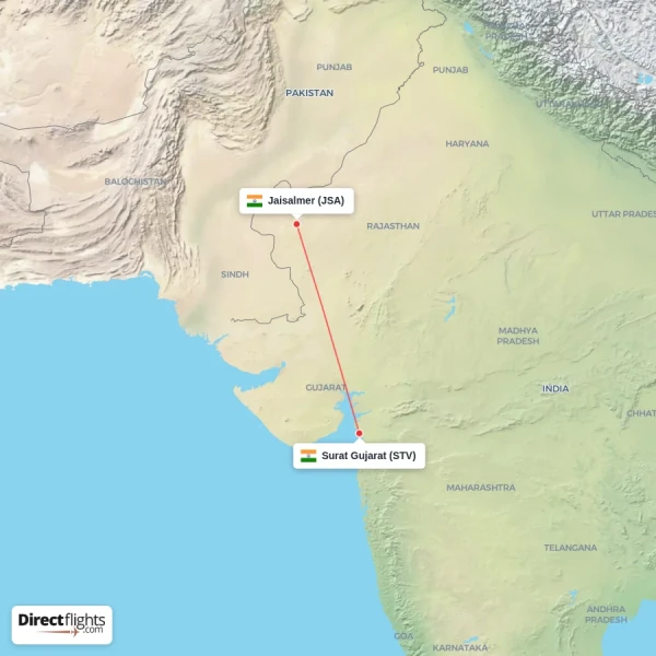 Jaisalmer - Surat Gujarat direct flight map
