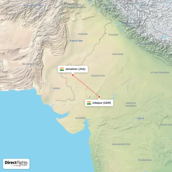 Jaisalmer - Udaipur direct flight map