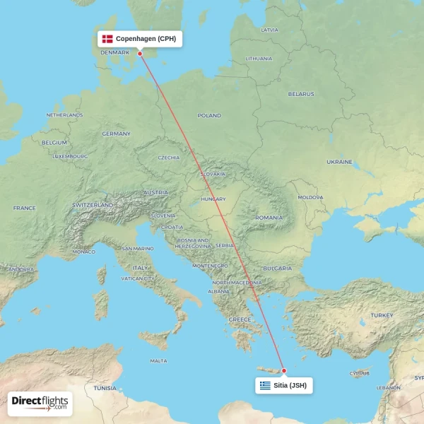 Sitia - Copenhagen direct flight map