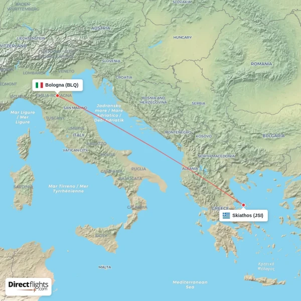 Skiathos - Bologna direct flight map