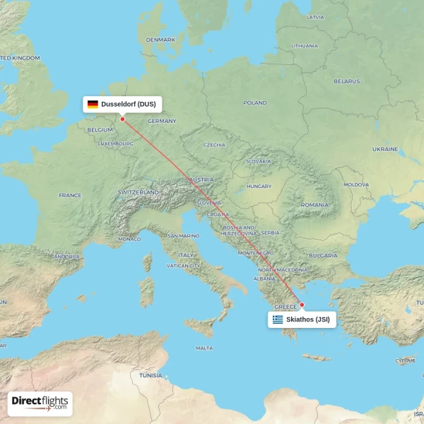 Skiathos - Dusseldorf direct flight map