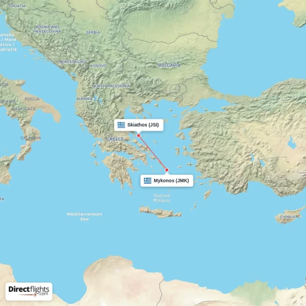 Skiathos - Mykonos direct flight map
