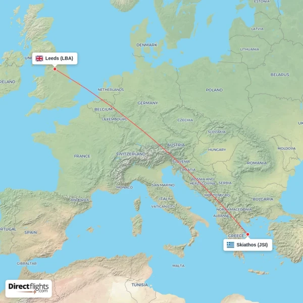 Skiathos - Leeds direct flight map