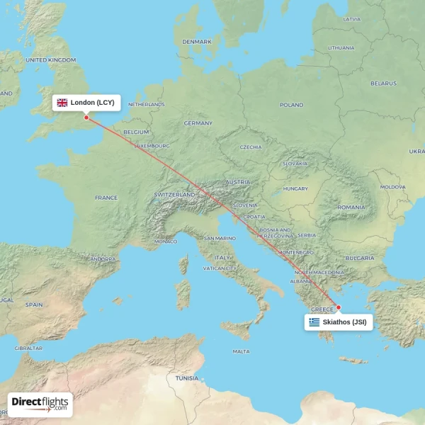 Skiathos - London direct flight map