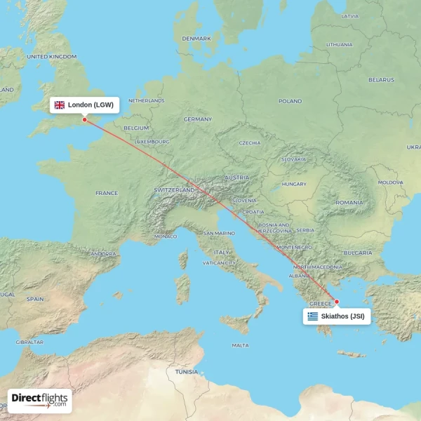Skiathos - London direct flight map