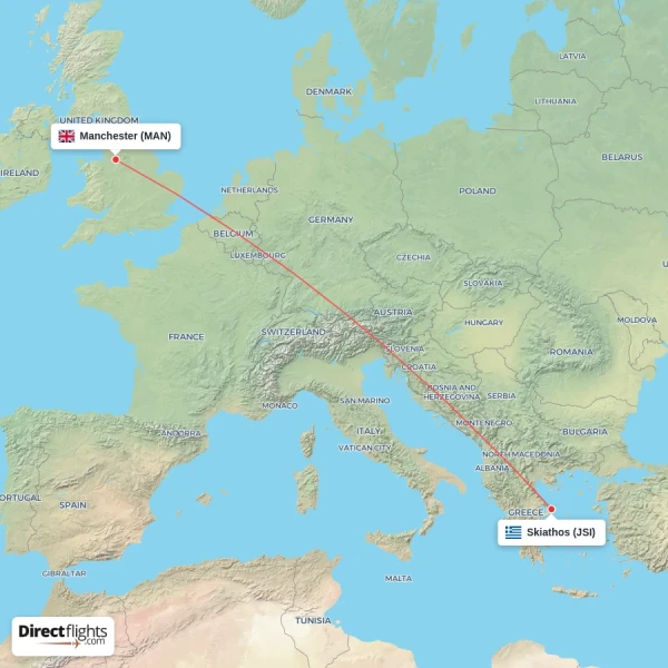 Skiathos - Manchester direct flight map