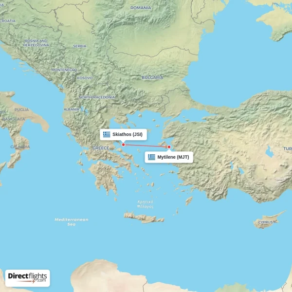 Skiathos - Mytilene direct flight map