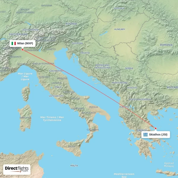 Skiathos - Milan direct flight map