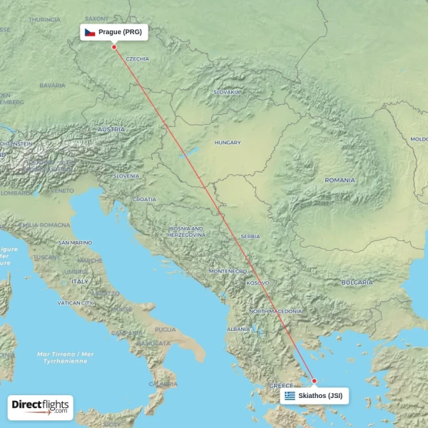 Skiathos - Prague direct flight map