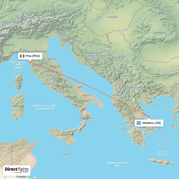 Skiathos - Pisa direct flight map