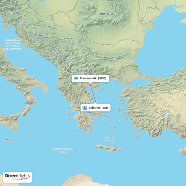 Skiathos - Thessaloniki direct flight map