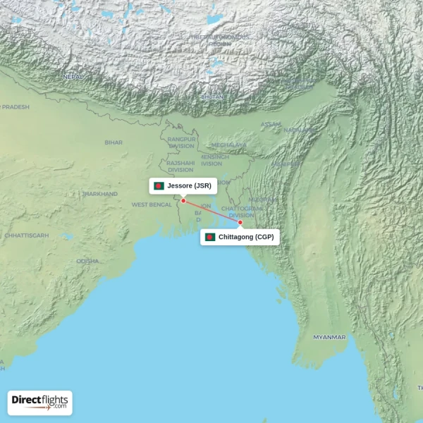 Jessore - Chittagong direct flight map