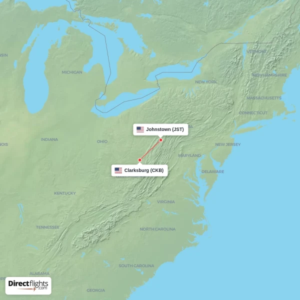 Johnstown - Clarksburg direct flight map