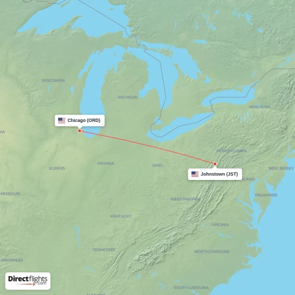 Johnstown - Chicago direct flight map