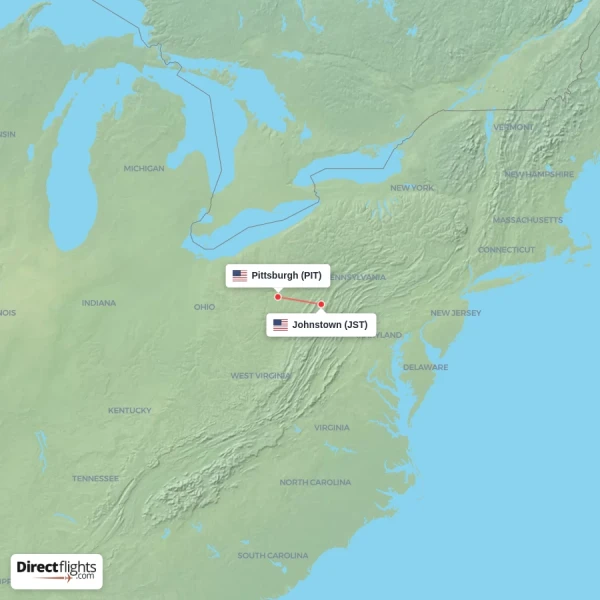 Johnstown - Pittsburgh direct flight map