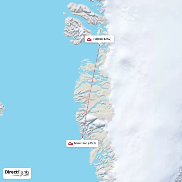 Maniitsoq - Ilulissat direct flight map