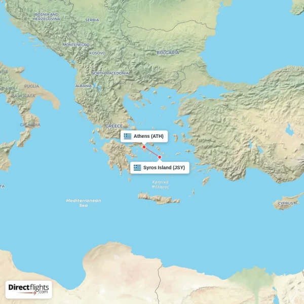 Syros Island - Athens direct flight map