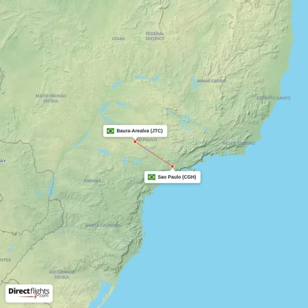Baura-Arealva - Sao Paulo direct flight map