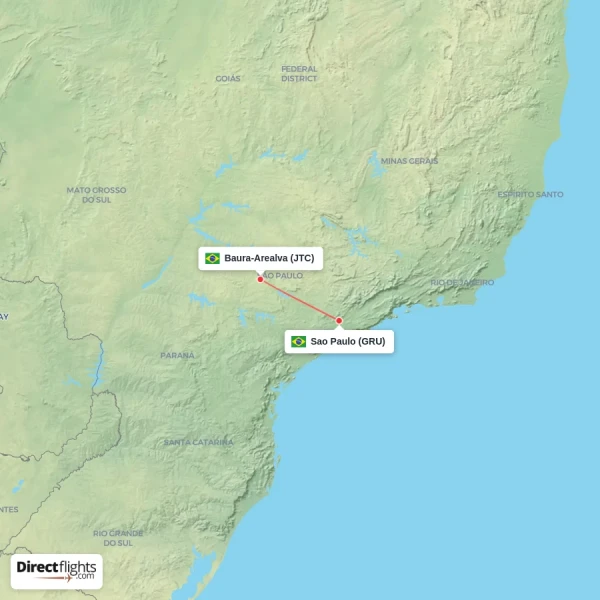 Baura-Arealva - Sao Paulo direct flight map
