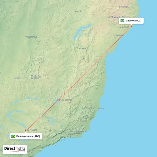 Baura-Arealva - Maceio direct flight map