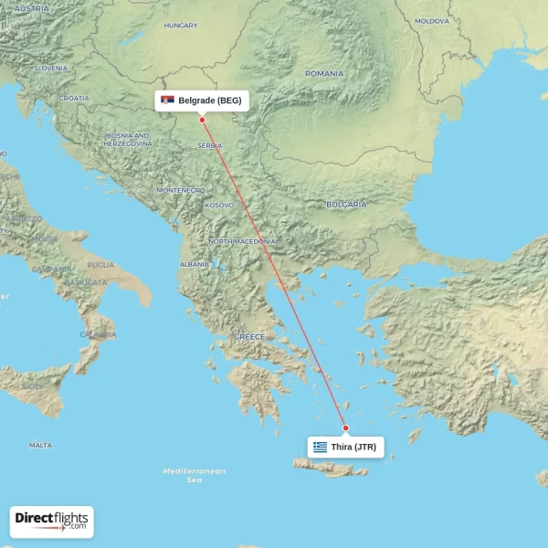 Thira - Belgrade direct flight map