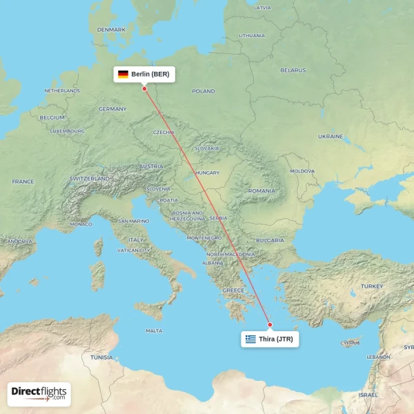 Thira - Berlin direct flight map