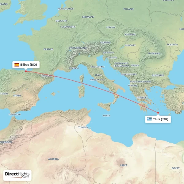 Thira - Bilbao direct flight map