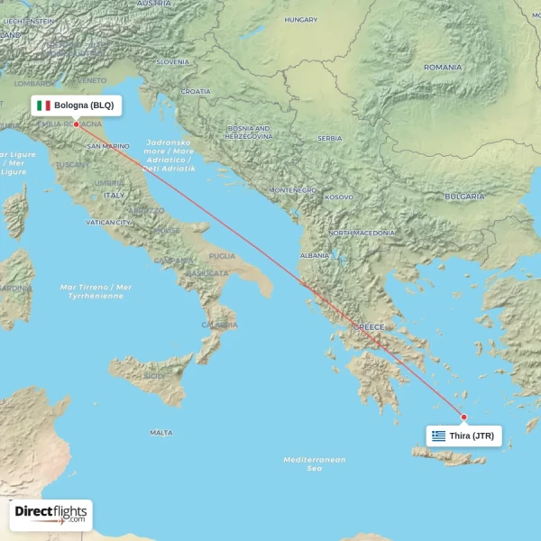 Thira - Bologna direct flight map