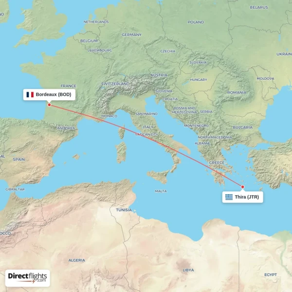 Thira - Bordeaux direct flight map