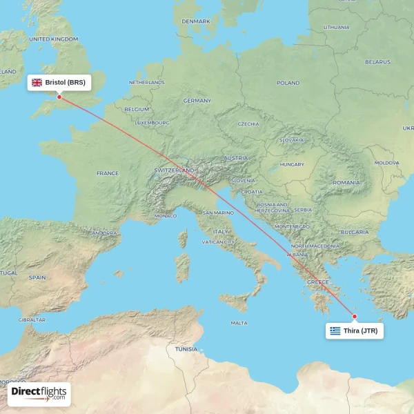Thira - Bristol direct flight map