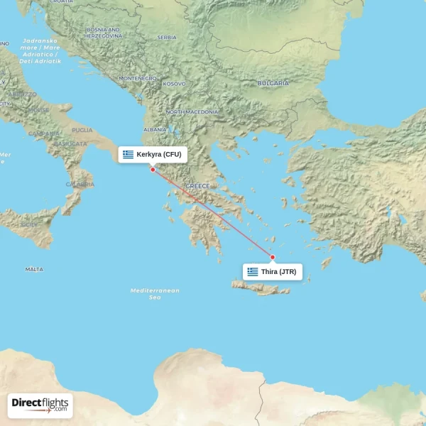 Thira - Kerkyra direct flight map