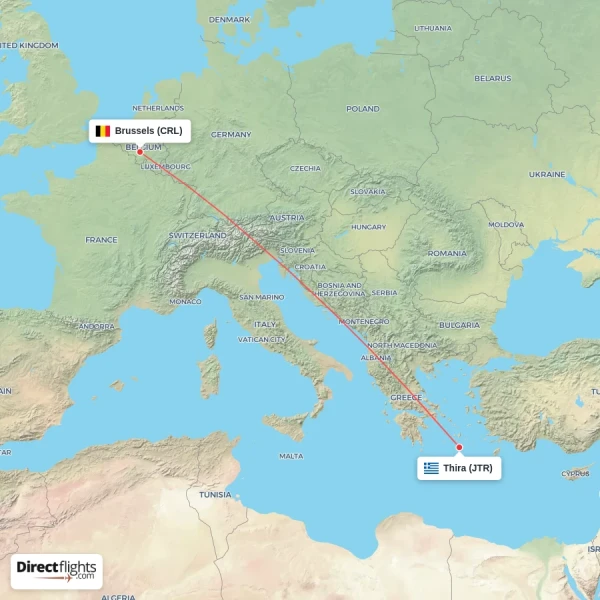 Thira - Brussels direct flight map