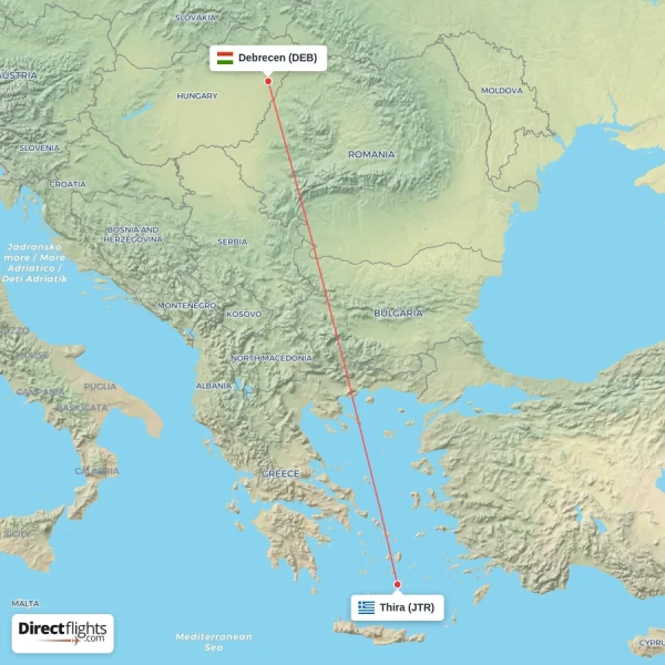 Thira - Debrecen direct flight map