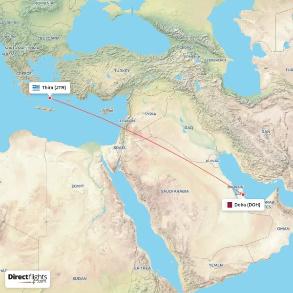 Thira - Doha direct flight map