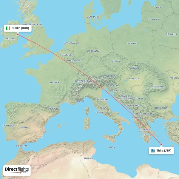 Thira - Dublin direct flight map