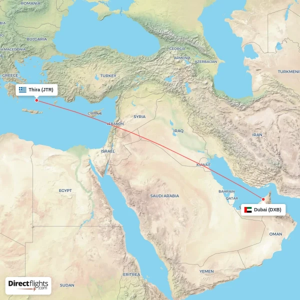 Thira - Dubai direct flight map