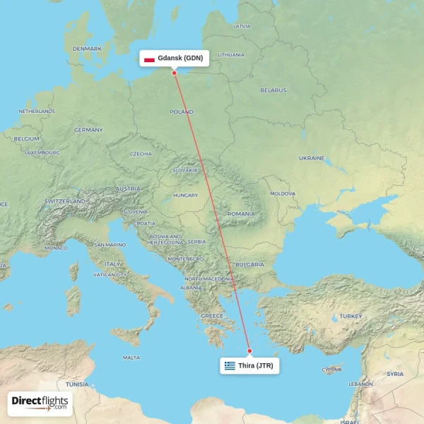 Thira - Gdansk direct flight map