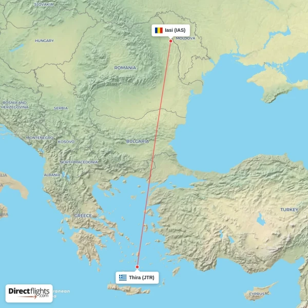 Thira - Iasi direct flight map