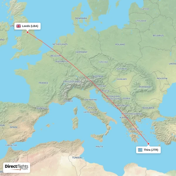 Thira - Leeds direct flight map