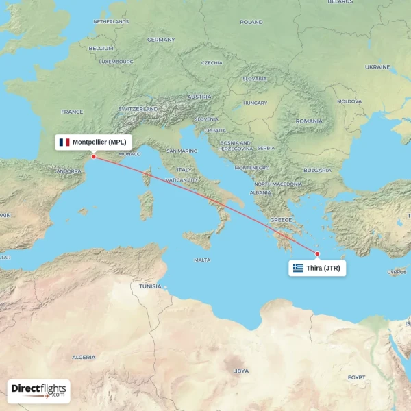 Thira - Montpellier direct flight map