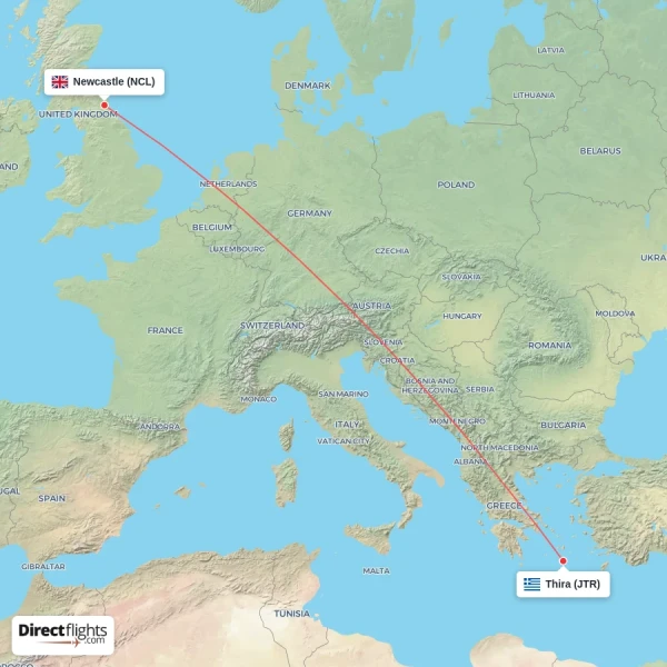 Thira - Newcastle direct flight map