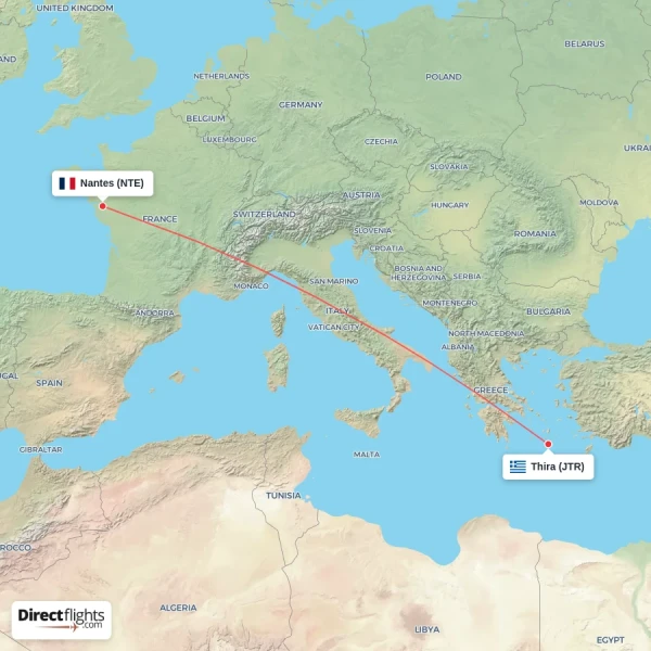 Thira - Nantes direct flight map
