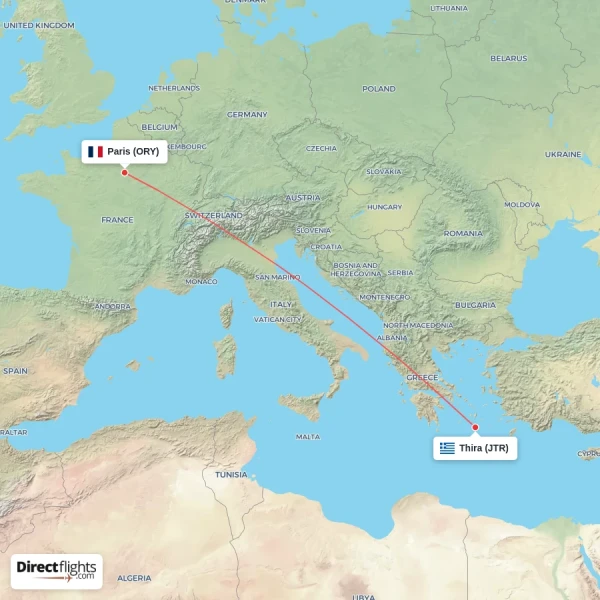 Thira - Paris direct flight map