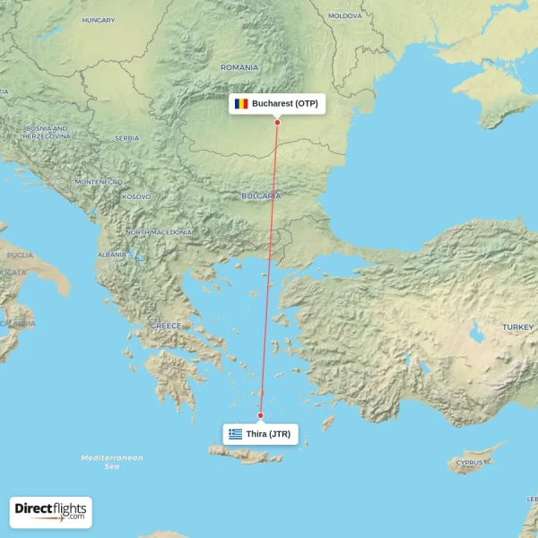 Thira - Bucharest direct flight map