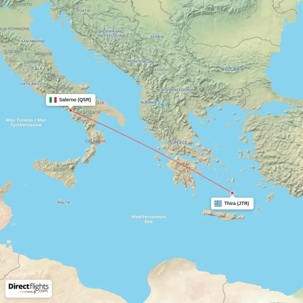Thira - Salerno direct flight map