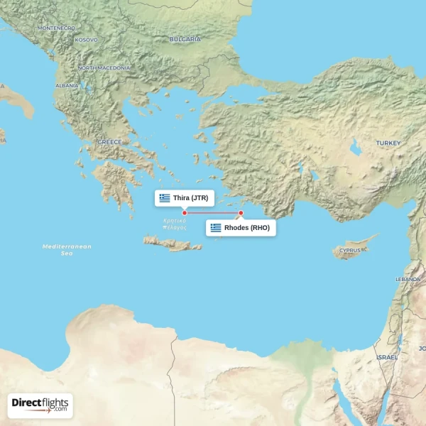 Thira - Rhodes direct flight map